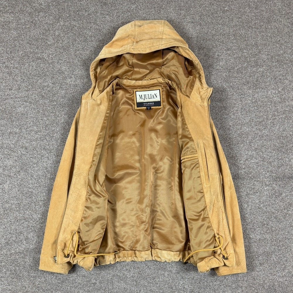 M. Julian Wilsons Tan Suede Leather Bomber Jacket Women’s Medium Hooded Full Zip - Picture 6 of 14